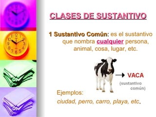 CLASES DE SUSTANTIVOCLASES DE SUSTANTIVO
1 Sustantivo Común1 Sustantivo Común:: es el sustantivo
que nombra cualquier persona,
animal, cosa, lugar, etc.
Ejemplos:
ciudad, perro, carro, playa, etc..
 