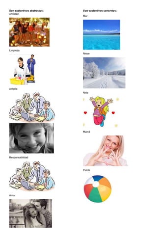 Son sustantivos abstractos:
Amistad
Limpieza
Alegría
Responsabilidad
Amor
Son sustantivos concretos:
Mar
Nieve
Niña
Mamá
Pelota
 
