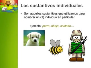 Los sustantivos individuales
• Son aquellos sustantivos que utilizamos para
  nombrar un (1) individuo en particular.

      Ejemplo: perro, abeja, soldado…
 