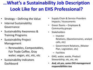 …What’s a Sustainability Job Description Look Like for an EHS Professional?Strategy – Defining the ValueInternal Sustainability GovernanceSustainability Awareness & Training ProgramsSustainability Project ManagementRenewables, Compostables, Fair Trade Coffee, Gray water, vegan, etc, etc, etcSustainability Indicators DashboardSupply Chain & Service Providers Impacts / Assessments Green Teams – Employee & Community groupsStakeholdersInvestor Relations, (Questionnaires, analyst calls, etc)Government Relations, (Master Plan, Legislation, etc)Facilities GHG, water, waste, Product Stewardship, etc, etc, etcAnd, oh yes, some EHS management responsibilities too