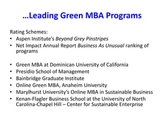 …Leading Green MBA ProgramsRating Schemes:Aspen Institute’s Beyond Grey PinstripesNet Impact Annual Report Business As Unusual ranking of programsGreen MBA at Dominican University of CaliforniaPresidio School of ManagementBainbridge Graduate InstituteOnline Green MBA, Anaheim UniversityMarylhurst University’s Online MBA in Sustainable Business Kenan-Flagler Business School at the University of North Carolina-Chapel Hill – Center for Sustainable Enterprise