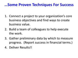 …Some Success StoriesJason McBriartylead a campaign at Levi Strauss & Co. called ‘Boot the Bottle’ that eliminated bottled water from the Levi Straus corporate campus.Kathy Gerwigof Kaiser Permanente led EHS compliance and management systems for more than 13 years and was promoted to a role as Vice President, leading Workplace Safety and Environmental Stewardship OfficerJohn Rockwell, from his position in McDonald’s as Lead Quality Manager in U.S. restaurant design developed the company’s first US Green Building Strategy.