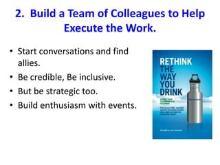 1.  Connect with Business ObjectivesReducing waste, costs, and environmental impact.Increasing employee engagement, attraction, and retention.Furthering priorities of senior management. Creating new business opportunities. 