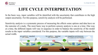 RV College of
Engineering
Go, change the world
LIFE CYCLE INTERPRETATION
In the basic way, input variables will be identified with the uncertainty that contributes to the high
output uncertainty. For this purpose, sensitivity analysis will be performed.
Sensitivity analysis is a systematic process of measuring the effects some options and data have on
the outcome of a study. The most basic way to perform sensory analysis is one at a time. One way
at a time, the different inputs will vary in sequence in order to balance the sensitivity of the model
results to the input variables considered. For this purpose, the variable inputs will vary between the
actual width.
 