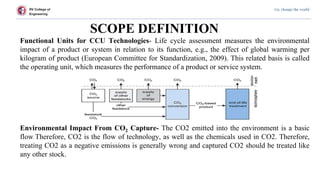 RV College of
Engineering
Go, change the world
SCOPE DEFINITION
Functional Units for CCU Technologies- Life cycle assessment measures the environmental
impact of a product or system in relation to its function, e.g., the effect of global warming per
kilogram of product (European Committee for Standardization, 2009). This related basis is called
the operating unit, which measures the performance of a product or service system.
Environmental Impact From CO2 Capture- The CO2 emitted into the environment is a basic
flow. Therefore, CO2 is the flow of technology, as well as the chemicals used in CO2. Therefore,
treating CO2 as a negative emissions is generally wrong and captured CO2 should be treated like
any other stock.
 