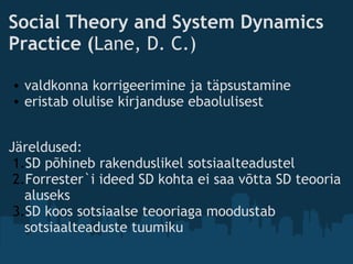 Social Theory and System Dynamics
Practice (Lane, D. C.)
• valdkonna korrigeerimine ja täpsustamine
• eristab olulise kirjanduse ebaolulisest
 
 
Järeldused:
1.SD põhineb rakenduslikel sotsiaalteadustel
2.Forrester`i ideed SD kohta ei saa võtta SD teooria
aluseks
3.SD koos sotsiaalse teooriaga moodustab
sotsiaalteaduste tuumiku
 