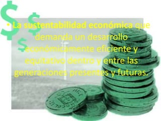 • La sustentabilidad económica que 
demanda un desarrollo 
económicamente eficiente y 
equitativo dentro y entre las 
generaciones presentes y futuras. 
 