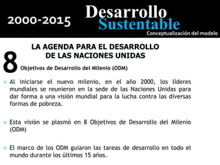  Al iniciarse el nuevo milenio, en el año 2000, los líderes
mundiales se reunieron en la sede de las Naciones Unidas para
dar forma a una visión mundial para la lucha contra las diversas
formas de pobreza.
 Esta visión se plasmó en 8 Objetivos de Desarrollo del Milenio
(ODM)
 El marco de los ODM guiaron las tareas de desarrollo en todo el
mundo durante los últimos 15 años.
Objetivos de Desarrollo del Milenio (ODM)
8
Desarrollo
Sustentable
Conceptualización del modelo
 