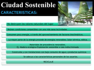 Ciudad Sostenible
No destruyen los valores naturales del lugar
Reúnen condiciones compatibles con una vida sana/Actividades
Consumen poca energía, a través del aprovechamiento de factores bioclimáticos.
La mayor parte de la energía procede de energías renovables: Solar térmica, eólica.
Materiales de procedencia renovables.
Ej. Madera ecológica/Explotación sostenible o tala indiscriminada
CARACTERISTICAS:
Construida y con instalaciones con bajo consumo de agua y productos químicos
Se adecua a las características personales de los usuarios.
RECICLAJE
 