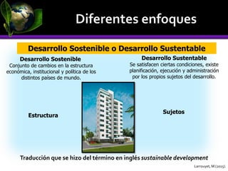 Larrouyet, M.(2015).
Desarrollo Sostenible o Desarrollo Sustentable
Desarrollo Sustentable
Se satisfacen ciertas condiciones, existe
planificación, ejecución y administración
por los propios sujetos del desarrollo.
Desarrollo Sostenible
Conjunto de cambios en la estructura
económica, institucional y política de los
distintos países de mundo.
Traducción que se hizo del término en inglés sustainable development
Estructura
Sujetos
 