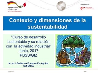 Seite 1
Implementado por
30/06/2017
Contexto y dimensiones de la
sustentabilidad
“Curso de desarrollo
sustentable y su relación
con la actividad industrial”
Junio, 2017
PBSS/GIZ
M. en. I Guillermo Encarnación Aguilar
GIZ-GOPA
 