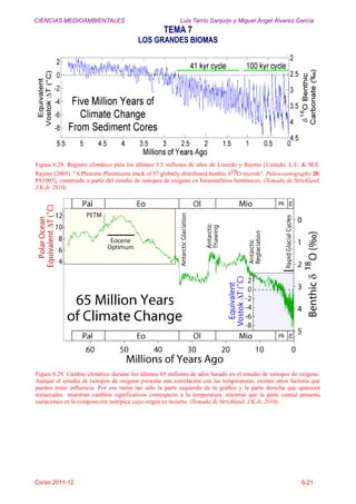 CIENCIAS MEDIOAMBIENTALES Luis Tarrío Sanjurjo y Miguel Ángel Álvarez García
TEMA 7
LOS GRANDES BIOMAS
Curso 2011-12 6.21
Figura 6.28. Registro climático para los últimos 5,5 millones de años de Lisiecki y Raymo [Lisiecki, L.E. & M.E.
Raymo (2005). "A Pliocene-Pleistocene stack of 57 globally distributed benthic δ18O records". Paleoceanography 20:
PA1003], construido a partir del estudio de isótopos de oxígeno en foraminíferos bentónicos. (Tomada de Strickland,
J.K.Jr, 2010).
Figura 6.29. Cambio climático durante los últimos 65 millones de años basado en el estudio de isótopos de oxígeno.
Aunque el estudio de isótopos de oxígeno presenta una correlación con las temperaturas, existen otros factores que
pueden tener influencia. Por esa razón tan sólo la parte izquierda de la gráfica y la parte derecha que aparecen
remarcadas muestran cambios significativos conrespecto a la temperatura, mientras que la parte central presenta
variaciones en la composición isotópica cuyo origen es incierto. (Tomada de Strickland, J.K.Jr, 2010).
 