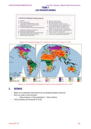 CIENCIAS MEDIOAMBIENTALES Luis Tarrío Sanjurjo y Miguel Ángel Álvarez García
TEMA 7
LOS GRANDES BIOMAS
Curso 2011-12 6.8
Figura 6.10. Leyenda de la figura 6.9. (Tomado de Heinrich, D. y Hergt, M., 1997).
Figura 6.11. Zonas climáticas de Koepman (Tomado de Encyclopaedia Britannica, 2007)
3. BIOMAS
- BIOMA: ES LA COMUNIDAD CARACTERÍSTICA DE LAS GRANDES REGIONES CLIMÁTICAS
- NO ES UN LUGAR: ES UNA CATEGORÍA
- ( SELVAAFRICANA ≠ SELVAAMAZÓNICA ) = SELVA TROPICAL
- TIPOS DE BIOMAS (VER FIGURAS 6.12 Y 6.13)
 