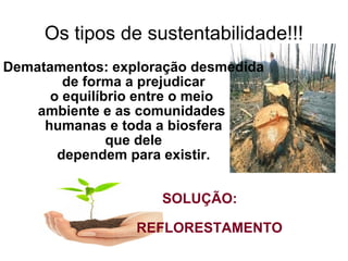 Os tipos de sustentabilidade!!! Dematamentos: exploração desmedida de forma a prejudicar  o equilíbrio entre o meio  ambiente e as comunidades  humanas e toda a biosfera que dele  dependem para existir. SOLUÇÃO:  REFLORESTAMENTO 