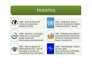 Histórico

1968 - Clube de Roma (Os         1972 - Conferência sobre o
limites do crescimento –         Ambiente Humano das Nações
Relatório do MIT)                Unidas (Estocolmo - Suécia)


1980 – Relatório: A Estratégia   1987 - O Relatório Brundtland-
Global para a conservação        Comissão Mundial sobre Meio
(Surge a expressão               Ambiente e Desenvolvimento –
Desenvolvimento sustentável)     Nasce o conceito D.S.


1992 – Nasce a Agenda 21         2002 – (Joanesburgo) - Cúpula
(Declaração do Rio) – ECO 92     da Terra sobre
Consagrou o conceito de          Desenvolvimento Sustentável –
Desenvolvimento Sustentável.     Definição das dimensões
 
