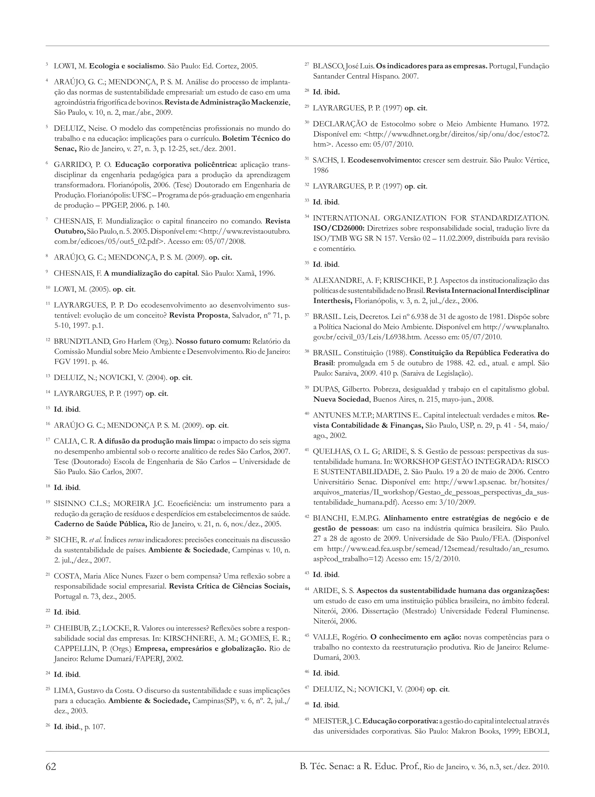3	
      LOWI, M. Ecologia e socialismo. São Paulo: Ed. Cortez, 2005.                         	 BLASCO, José Luis. Os indicadores para as empresas. Portugal, Fundação
                                                                                          27

                                                                                             Santander Central Hispano. 2007.
4	
      ARAÚJO, G. C.; MENDONÇA, P. S. M. Análise do processo de implanta-
      ção das normas de sustentabilidade empresarial: um estudo de caso em uma             	 Id. ibid.
                                                                                          28

      agroindústria frigorífica de bovinos. Revista de Administração Mackenzie,
                                                                                           	 LAYRARGUES, P. P. (1997) op. cit.
                                                                                          29
      São Paulo, v. 10, n. 2, mar./abr., 2009.
                                                                                           	 DECLARAÇÃO de Estocolmo sobre o Meio Ambiente Humano. 1972.
                                                                                          30
5	
      DELUIZ, Neise. O modelo das competências profissionais no mundo do
                                                                                             Disponível em: <http://www.dhnet.org.br/direitos/sip/onu/doc/estoc72.
      trabalho e na educação: implicações para o currículo. Boletim Técnico do
                                                                                             htm>. Acesso em: 05/07/2010.
      Senac, Rio de Janeiro, v. 27, n. 3, p. 12-25, set./dez. 2001.
                                                                                           	 SACHS, I. Ecodesenvolvimento: crescer sem destruir. São Paulo: Vértice,
                                                                                          31
6	
      GARRIDO, P. O. Educação corporativa policêntrica: aplicação trans-
                                                                                             1986
      disciplinar da engenharia pedagógica para a produção da aprendizagem
      transformadora. Florianópolis, 2006. (Tese) Doutorado em Engenharia de               	 LAYRARGUES, P. P. (1997) op. cit.
                                                                                          32

      Produção. Florianópolis: UFSC – Programa de pós-graduação em engenharia
      de produção – PPGEP, 2006. p. 140.                                                   	 Id. ibid.
                                                                                          33



7	
      CHESNAIS, F. Mundialização: o capital financeiro no comando. Revista                 	 INTERNATIONAL ORGANIZATION FOR STANDARDIZATION.
                                                                                          34


      Outubro, São Paulo, n. 5. 2005. Disponível em: <http://www.revistaoutubro.             ISO/CD26000: Diretrizes sobre responsabilidade social, tradução livre da
      com.br/edicoes/05/out5_02.pdf>. Acesso em: 05/07/2008.                                 ISO/TMB WG SR N 157. Versão 02 – 11.02.2009, distribuída para revisão
                                                                                             e comentário.
8	
      ARAÚJO, G. C.; MENDONÇA, P. S. M. (2009). op. cit.
                                                                                           	 Id. ibid.
                                                                                          35
9	
      CHESNAIS, F. A mundialização do capital. São Paulo: Xamã, 1996.
                                                                                           	 ALEXANDRE, A. F; KRISCHKE, P. J. Aspectos da institucionalização das
                                                                                          36
10
     	 LOWI, M. (2005). op. cit.                                                             políticas de sustentabilidade no Brasil. Revista Internacional Interdisciplinar
                                                                                             Interthesis, Florianópolis, v. 3, n. 2, jul.,/dez., 2006.
11
     	 LAYRARGUES, P. P. Do ecodesenvolvimento ao desenvolvimento sus-
       tentável: evolução de um conceito? Revista Proposta, Salvador, nº 71, p.            	 BRASIL. Leis, Decretos. Lei nº 6.938 de 31 de agosto de 1981. Dispõe sobre
                                                                                          37

       5-10, 1997. p.1.                                                                      a Política Nacional do Meio Ambiente. Disponível em http://www.planalto.
                                                                                             gov.br/ccivil_03/Leis/L6938.htm. Acesso em: 05/07/2010.
12
     	 BRUNDTLAND, Gro Harlem (Org.). Nosso futuro comum: Relatório da
       Comissão Mundial sobre Meio Ambiente e Desenvolvimento. Rio de Janeiro:             	 BRASIL. Constituição (1988). Constituição da República Federativa do
                                                                                          38

       FGV 1991. p. 46.                                                                      Brasil: promulgada em 5 de outubro de 1988. 42. ed., atual. e ampl. São
                                                                                             Paulo: Saraiva, 2009. 410 p. (Saraiva de Legislação).
13
     	 DELUIZ, N.; NOVICKI, V. (2004). op. cit.
                                                                                           	 DUPAS, Gilberto. Pobreza, desigualdad y trabajo en el capitalismo global.
                                                                                          39
14
     	 LAYRARGUES, P. P. (1997) op. cit.
                                                                                             Nueva Sociedad, Buenos Aires, n. 215, mayo-jun., 2008.
15
     	 Id. ibid.
                                                                                           	 ANTUNES M.T.P.; MARTINS E.. Capital intelectual: verdades e mitos. Re-
                                                                                          40

16
     	 ARAÚJO G. C.; MENDONÇA P. S. M. (2009). op. cit.                                      vista Contabilidade & Finanças, São Paulo, USP, n. 29, p. 41 - 54, maio/
                                                                                             ago., 2002.
17
     	 CALIA, C. R. A difusão da produção mais limpa: o impacto do seis sigma
       no desempenho ambiental sob o recorte analítico de redes São Carlos, 2007.          	 QUELHAS, O. L. G; ARIDE, S. S. Gestão de pessoas: perspectivas da sus-
                                                                                          41

       Tese (Doutorado) Escola de Engenharia de São Carlos – Universidade de                 tentabilidade humana. In: WORKSHOP GESTÃO INTEGRADA: RISCO
       São Paulo. São Carlos, 2007.                                                          E SUSTENTABILIDADE, 2. São Paulo. 19 a 20 de maio de 2006. Centro
                                                                                             Universitário Senac. Disponível em: http://www1.sp.senac. br/hotsites/
18
     	 Id. ibid.
                                                                                             arquivos_materias/II_workshop/Gestao_de_pessoas_perspectivas_da_sus-
19
     	 SISINNO C.L.S.; MOREIRA J.C. Ecoeficiência: um instrumento para a                     tentabilidade_humana.pdf). Acesso em: 3/10/2009.
       redução da geração de resíduos e desperdícios em estabelecimentos de saúde.
                                                                                           	 BIANCHI, E.M.P.G. Alinhamento entre estratégias de negócio e de
                                                                                          42
       Caderno de Saúde Pública, Rio de Janeiro, v. 21, n. 6, nov./dez., 2005.
                                                                                             gestão de pessoas: um caso na indústria química brasileira. São Paulo.
20
     	 SICHE, R. et al. Índices versus indicadores: precisões conceituais na discussão       27 a 28 de agosto de 2009. Universidade de São Paulo/FEA. (Disponível
       da sustentabilidade de países. Ambiente & Sociedade, Campinas v. 10, n.               em http://www.ead.fea.usp.br/semead/12semead/resultado/an_resumo.
       2. jul.,/dez., 2007.                                                                  asp?cod_trabalho=12) Acesso em: 15/2/2010.
21
     	 COSTA, Maria Alice Nunes. Fazer o bem compensa? Uma reflexão sobre a                	 Id. ibid.
                                                                                          43


       responsabilidade social empresarial. Revista Crítica de Ciências Sociais,
                                                                                           	 ARIDE, S. S. Aspectos da sustentabilidade humana das organizações:
                                                                                          44
       Portugal n. 73, dez., 2005.
                                                                                             um estudo de caso em uma instituição pública brasileira, no âmbito federal.
22
     	 Id. ibid.                                                                             Niterói, 2006. Dissertação (Mestrado) Universidade Federal Fluminense.
                                                                                             Niterói, 2006.
23
     	 CHEIBUB, Z.; LOCKE, R. Valores ou interesses? Reflexões sobre a respon-
       sabilidade social das empresas. In: KIRSCHNERE, A. M.; GOMES, E. R.;                	 VALLE, Rogério. O conhecimento em ação: novas competências para o
                                                                                          45


       CAPPELLIN, P. (Orgs.) Empresa, empresários e globalização. Rio de                     trabalho no contexto da reestruturação produtiva. Rio de Janeiro: Relume-
       Janeiro: Relume Dumará/FAPERJ, 2002.                                                  Dumará, 2003.
24
     	 Id. ibid.                                                                           	 Id. ibid.
                                                                                          46


25
     	 LIMA, Gustavo da Costa. O discurso da sustentabilidade e suas implicações           	 DELUIZ, N.; NOVICKI, V. (2004) op. cit.
                                                                                          47


       para a educação. Ambiente & Sociedade, Campinas(SP), v. 6, nº. 2, jul.,/
                                                                                           	 Id. ibid.
                                                                                          48
       dez., 2003.
                                                                                           	 MEISTER, J. C. Educação corporativa: a gestão do capital intelectual através
                                                                                          49
26
     	 Id. ibid., p. 107.
                                                                                             das universidades corporativas. São Paulo: Makron Books, 1999; EBOLI,



62                                                                                       B. Téc. Senac: a R. Educ. Prof., Rio de Janeiro, v. 36, n.3, set./dez. 2010.
 