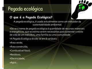 O que é a Pegada Ecológica?
A pegada ecológica, é usada actualmente como um indicador da
sustentabilidade ambiental.
•Dá-se o nome de pegada ecológica á quantidade de recursos materiais
e energéticos, que se estima serem necessários para sustentar o estilo
de vida de um indivíduo, uma família ou uma comunidade.
•A Pegada Ecológica divide-se em 8 variáveis:
•Área verde;
•Área construída;
•Combustível fóssil;
•Resíduos;
•Electricidade;
•Água ;
Pegada ecológica
 
