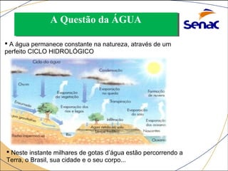 AA QQuueessttããoo ddaa ÁÁGGUUAA 
 A água permanece constante na natureza, através de um 
perfeito CICLO HIDROLÓGICO 
 Neste instante milhares de gotas d’água estão percorrendo a 
Terra, o Brasil, sua cidade e o seu corpo... 
 