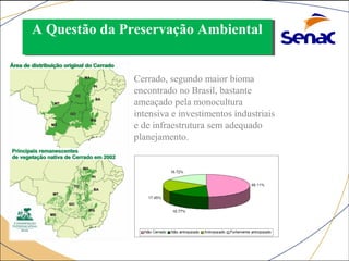 A Questão da A Questão da PPrreesseerrvvaaççããoo AAmmbbiieennttaall 
Cerrado, segundo maior bioma 
encontrado no Brasil, bastante 
ameaçado pela monocultura 
intensiva e investimentos industriais 
e de infraestrutura sem adequado 
planejamento. 
 