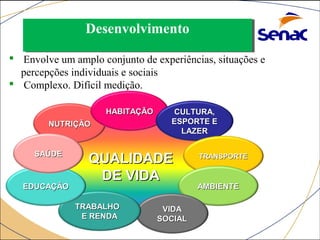 DDeesseennvvoollvviimmeennttoo 
 Envolve um amplo conjunto de experiências, situações e 
percepções individuais e sociais 
 Complexo. Difícil medição. 
NNUUTTRRIIÇÇÃÃOO 
HHAABBIITTAAÇÇÃÃOO CCUULLTTUURRAA,, 
EESSPPOORRTTEE EE 
LLAAZZEERR 
QQUUAALLIIDDAADDEE 
DDEE VVIIDDAA 
TTRRAANNSSPPOORRTTEE 
AAMMBBIIEENNTTEE 
VVIIDDAA 
SSOOCCIIAALL 
TTRRAABBAALLHHOO 
EE RREENNDDAA 
SSAAÚÚDDEE 
EEDDUUCCAAÇÇÃÃOO 
 