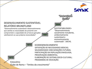 1987 
DESENVOLVIMENTO SUSTENTÁVEL 
RELATÓRIO BRUNDTLAND 
“Desenvolvimento sustentável é desenvolvimento 
que satisfaz as necessidades do presente sem 
comprometer a capacidade de as futuras gerações 
satisfazerem as suas próprias necessidades” 
1973 ECODESENVOLVIMENTO 
SATISFAÇÃO DE NECESSIDADES BÁSICAS; 
SOLIDARIEDADE COM GERAÇÕES FUTURAS; 
PARTICIPAÇÃO DA POPULAÇÃO ENVOLVIDA; 
PRESERVAÇÃO AMBIENTAL; 
ELABORAÇÃO DE SISTEMA SOCIO-CULTURAL; 
PROGRAMAS DE EDUCAÇÃO. 
1972 
Estocolmo 
Clube de Roma – “limites do crescimento” 
2004 
SUSTENTABILIDADE= 
“Desenvolvimento 
socialmente includente, 
ambientalmente 
sustentável e 
economicamente 
sustentado”. SACHS. 
 