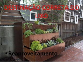 DESTINAÇÃO CORRETA DO 
LIXO 
• Reaproveitamento 
 