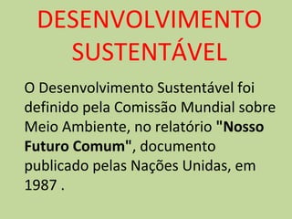 DESENVOLVIMENTO 
SUSTENTÁVEL 
O Desenvolvimento Sustentável foi 
definido pela Comissão Mundial sobre 
Meio Ambiente, no relatório "Nosso 
Futuro Comum", documento 
publicado pelas Nações Unidas, em 
1987 . 
 