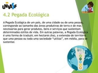 4.2 Pegada Ecológica 
A Pegada Ecológica de um país, de uma cidade ou de uma pessoa, 
corresponde ao tamanho das áreas produtivas de terra e de mar, 
necessárias para gerar produtos, bens e serviços que sustentam 
determinados estilos de vida. Em outras palavras, a Pegada Ecológica 
é uma forma de traduzir, em hectares (ha), a extensão de território 
que uma pessoa ou toda uma sociedade “utiliza”, em média, para se 
sustentar. 
 
