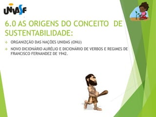 6.0 AS ORIGENS DO CONCEITO DE 
SUSTENTABILIDADE: 
 ORGANIZÇÃO DAS NAÇÕES UNIDAS (ONU) 
 NOVO DICIONÁRIO AURÉLIO E DICIONÁRIO DE VERBOS E REGIMES DE 
FRANCISCO FERNANDEZ DE 1942. 
 