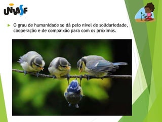  O grau de humanidade se dá pelo nível de solidariedade, 
cooperação e de compaixão para com os próximos. 
 