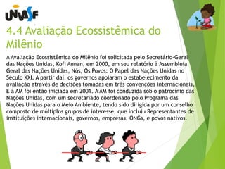 4.4 Avaliação Ecossistêmica do 
Milênio 
A Avaliação Ecossistêmica do Milênio foi solicitada pelo Secretário-Geral 
das Nações Unidas, Kofi Annan, em 2000, em seu relatório à Assembleia 
Geral das Nações Unidas, Nós, Os Povos: O Papel das Nações Unidas no 
Século XXI. A partir daí, os governos apoiaram o estabelecimento da 
avaliação através de decisões tomadas em três convenções internacionais, 
E a AM foi então iniciada em 2001. A AM foi conduzida sob o patrocínio das 
Nações Unidas, com um secretariado coordenado pelo Programa das 
Nações Unidas para o Meio Ambiente, tendo sido dirigida por um conselho 
composto de múltiplos grupos de interesse, que incluiu Representantes de 
instituições internacionais, governos, empresas, ONGs, e povos nativos. 
 