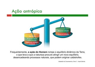 Ação antrópica
Frequentemente, a ação do Homem rompe o equilíbrio dinâmico da Terra,
o que leva a que a natureza procure atingir um novo equilíbrio,
desencadeando processos naturais, que podem originar catástrofes.
Adaptado de Compreender a Terra 7 – Areal Editores
 