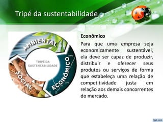 Tripé da sustentabilidade
Econômico
Para que uma empresa seja
economicamente sustentável,
ela deve ser capaz de produzir,
distribuir e oferecer seus
produtos ou serviços de forma
que estabeleça uma relação de
competitividade justa em
relação aos demais concorrentes
do mercado.
 