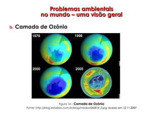 Problemas ambientaisProblemas ambientais
no mundo – uma visão geralno mundo – uma visão geral
b. Camada de Ozônio
Figura 14 – Camada de Ozônio
Fonte: http://blog.estadao.com.br/blog/media/060818_0.jpg acesso em 12.11.2007acesso em 12.11.2007
 
