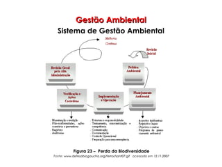 Gestão AmbientalGestão Ambiental
Sistema de Gestão Ambiental
Figura 23 – Perda da Biodiversidade
Fonte: www.defesabiogaucha.org/terror/sant07.gifwww.defesabiogaucha.org/terror/sant07.gif acessado em 12.11.200712.11.2007
 