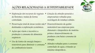 AÇÕES RELACIONADAS A SUSTENTABILIDADE
• Exploração dos recursos de vegetais
de florestas e matas de forma
controlada.
• Preservação total de áreas verdes não
destinadas a exploração econômica.
• Ações que visem o incentivo a
produção e consumo de alimentos
orgânicos.
• Uso de fontes de energia limpas e
renováveis para diminuir o consumo
de combustíveis fosseis.
• Criação de atitudes pessoais e
empresariais voltadas para
reciclagem de resíduos sólidos.
• Desenvolvimento da gestão
sustentável nas empresas para
dimunuir o desperdício de matéria-
prima e desenvolvimento de
produtos com baixo consumo de
energia.
• Atitudes voltadas para o consumo
controlado de agua, evitando ao
máximo desperdicio,.
 