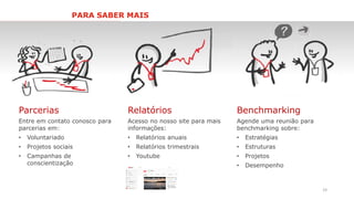 19
Parcerias
Entre em contato conosco para
parcerias em:
• Voluntariado
• Projetos sociais
• Campanhas de
conscientização
Relatórios
Acesso no nosso site para mais
informações:
• Relatórios anuais
• Relatórios trimestrais
• Youtube
Benchmarking
Agende uma reunião para
benchmarking sobre:
• Estratégias
• Estruturas
• Projetos
• Desempenho
PARA SABER MAIS
 