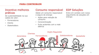 20
PARA CONTRIBUIR
Incentive melhores
práticas
De sustentabilidade na sua
cadeia de valor:
• Fornecedores
• Cliente
• Stakeholders
Consumo responsável
Adote um consumo responsável
e seguro de energia
• Ações para redução do
consumo
• Conscientização
• Evite acidentes com a rede
elétrica
EDP Soluções
Entre em contato com nosso
seguimento de soluções em
energia
 