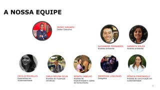 PEDRO SIRGADO
Gestor Executivo
A NOSSA EQUIPE
22
CECÍLIA MICHELLIS
Especialista em
Sustentabilidade
CARLA REGINA SILVA
Analista de mudanças
climáticas
RENATA CABELHO
Analista de
biodiversidade e cadeia
de fornecimento
.
ANDRESSA LISAUSKAS
Estagiária
MÔNICA PIRRONGELLI
Analista de comunicação em
sustentabilidade
ALEXANDRE FERNANDES
Analista ambiental
SAMANTA SOUZA
Analista ambiental
 