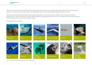 SUSTENTABILIDADE 2017
PETROBRAS 83
Patrocinamos iniciativas relacionadas a questões ambientais relevantes para a indústria de óleo e gás, como água, biodiversidade e mudança do clima. Nossos projetos se
distribuem nos diversos biomas e ambientes brasileiros, como: Mata Atlântica, Cerrado, Amazônia, Caatinga, Pampa e Ambientes Costeiros e Marinhos.
Na linha de atuação relacionada à Biodiversidade, renovamos projetos que trabalham com conservação de espécies e habitats com foco em espécies ameaçadas de
ambientes costeiros, marinhos e de água doce. Os projetos também trabalham com educação ambiental em escolas e junto a comunidades locais, principalmente pescadores,
contribuindo para a conservação de cerca de 50 espécies ameaçadas.
Conheça alguns de nossos projetos:
CORAL VIVO
MANATI E
VIVA O PEIXE
BOI MARINHO
BALEIA JUBARTE GOLFINHO ROTADOR TONINHA
TAMAR
MANTAS
ALBATROZ LONTRAPINÍPEDES DO SUL
MEROS
MAMÍFEROS
AQUÁTICOS
DA AMAZÔNIA
Para conhecer mais sobre alguns de nossos projetos de biodiversidade clique aqui
TRANSIÇÃO PARA UMA
ECONOMIA DE
BAIXO CARBONO
TRANSFORMAÇÃO
DIGITAL
PESSOAS MEIO
AMBIENTE
SOCIEDADE E
RELACIONAMENTO
 