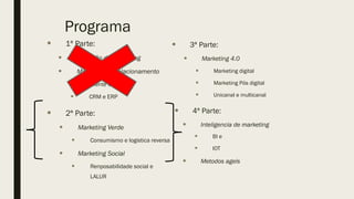 Programa
 1ª Parte:
 Evolução do Marketing
 Marketing de relacionamento
 Cliente Oculto
 CRM e ERP
 2ª Parte:
 Marketing Verde
 Consumismo e logistica reversa
 Marketing Social
 Renposabilidade social e
LALUR
 3ª Parte:
 Marketing 4.0
 Marketing digital
 Marketing Pós digital
 Unicanal e multicanal
 4ª Parte:
 Inteligencia de marketing
 BI e
 IOT
 Metodos ageis
 