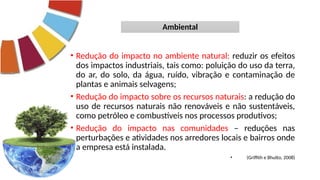 Ambiental
• Redução do impacto no ambiente natural: reduzir os efeitos
dos impactos industriais, tais como: poluição do uso da terra,
do ar, do solo, da água, ruído, vibração e contaminação de
plantas e animais selvagens;
• Redução do impacto sobre os recursos naturais: a redução do
uso de recursos naturais não renováveis e não sustentáveis,
como petróleo e combustíveis nos processos produtivos;
• Redução do impacto nas comunidades – reduções nas
perturbações e atividades nos arredores locais e bairros onde
a empresa está instalada.
• (Griffith e Bhutto, 2008)
 