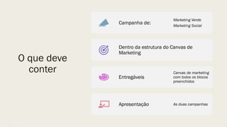 O que deve
conter
Campanha de:
Marketing Verde
Marketing Social
Dentro da estrutura do Canvas de
Marketing
Entregáveis
Canvas de marketing
com todos os blocos
preenchidos
Apresentação As duas campanhas
 