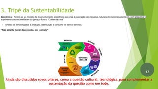 3. Tripé da Sustentabilidade
Econômica - Refere-se ao modelo de desenvolvimento econômico que visa à exploração dos recursos naturais de maneira sustentável, sem prejudicar o
suprimento das necessidades da geração futura. “Cuidar da casa”
- Analisa os temas ligados a produção, distribuição e consumo de bens e serviços.
“Não adianta lucrar devastando, por exemplo”
Ainda são discutidos novos pilares, como a questão cultural, tecnológica, para complementar a
sustentação da questão como um todo.
18
17
 