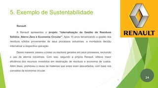 5. Exemplo de Sustentabilidade
Renault
A Renault apresentou o projeto “Internalização da Gestão de Resíduos
Sólidos: Aterro Zero e Economia Circular”. Após 10 anos terceirizando a gestão dos
resíduos sólidos provenientes de seus processos industriais, a montadora decidiu
internalizar a respectiva operação.
Dessa maneira, passou a tratar os resíduos gerados em seus processos, excluindo
o uso de aterros industriais. Com isso, segundo a própria Renault, obteve maior
eficiência dos recursos investidos em destinação de resíduos e economia de custos.
Além disso, promoveu o reuso de materiais que antes eram descartados, com base nos
conceitos da economia circular.
25
24
 