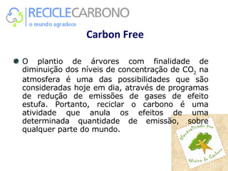 Carbon Free   O plantio de árvores com finalidade de diminuição dos níveis de concentração de CO 2  na atmosfera é uma das possibilidades que são consideradas hoje em dia, através de programas de redução de emissões de gases de efeito estufa. Portanto, reciclar o carbono é uma atividade que anula os efeitos de uma determinada quantidade de emissão, sobre qualquer parte do mundo. 