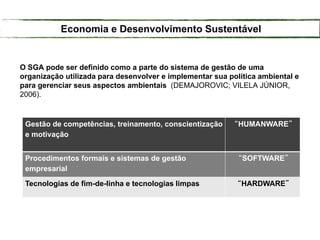 O SGA pode ser definido como a parte do sistema de gestão de uma
organização utilizada para desenvolver e implementar sua política ambiental e
para gerenciar seus aspectos ambientais (DEMAJOROVIC; VILELA JÚNIOR,
2006).
Gestão de competências, treinamento, conscientização
e motivação
“HUMANWARE”
Procedimentos formais e sistemas de gestão
empresarial
“SOFTWARE”
Tecnologias de fim-de-linha e tecnologias limpas “HARDWARE”
Economia e Desenvolvimento Sustentável
 