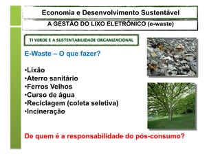 E-Waste – O que fazer?
•Lixão
•Aterro sanitário
•Ferros Velhos
•Curso de água
•Reciclagem (coleta seletiva)
•Incineração
De quem é a responsabilidade do pós-consumo?
Economia e Desenvolvimento Sustentável
A GESTÃO DO LIXO ELETRÔNICO (e-waste)
 
