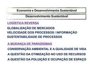 LOGÍSTICA REVERSA
GLOBALIZAÇÃO DE MERCADOS
VELOCIDADE DOS PROCESSOS / INFORMAÇÃO
SUSTENTABILIDADE DE PROCESSOS
A MUDANÇA DE PARADIGMAS
CONSERVAÇÃO AMBIENTAL E A QUALIDADE DE VIDA
A QUESTÃO DA OTIMIZAÇÃO NO USO DE RECURSOS
A QUESTÃO DA POLUIÇÃO E OCUPAÇÃO DE ESPAÇO
Desenvolvimento Sustentável
Economia e Desenvolvimento Sustentável
 