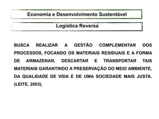 BUSCA REALIZAR A GESTÃO COMPLEMENTAR DOS
PROCESSOS, FOCANDO OS MATERIAIS RESIDUAIS E A FORMA
DE ARMAZENAR, DESCARTAR E TRANSPORTAR TAIS
MATERIAIS GARANTINDO A PRESERVAÇÃO DO MEIO AMBIENTE,
DA QUALIDADE DE VIDA E DE UMA SOCIEDADE MAIS JUSTA.
(LEITE, 2003).
Logística Reversa
Economia e Desenvolvimento Sustentável
 